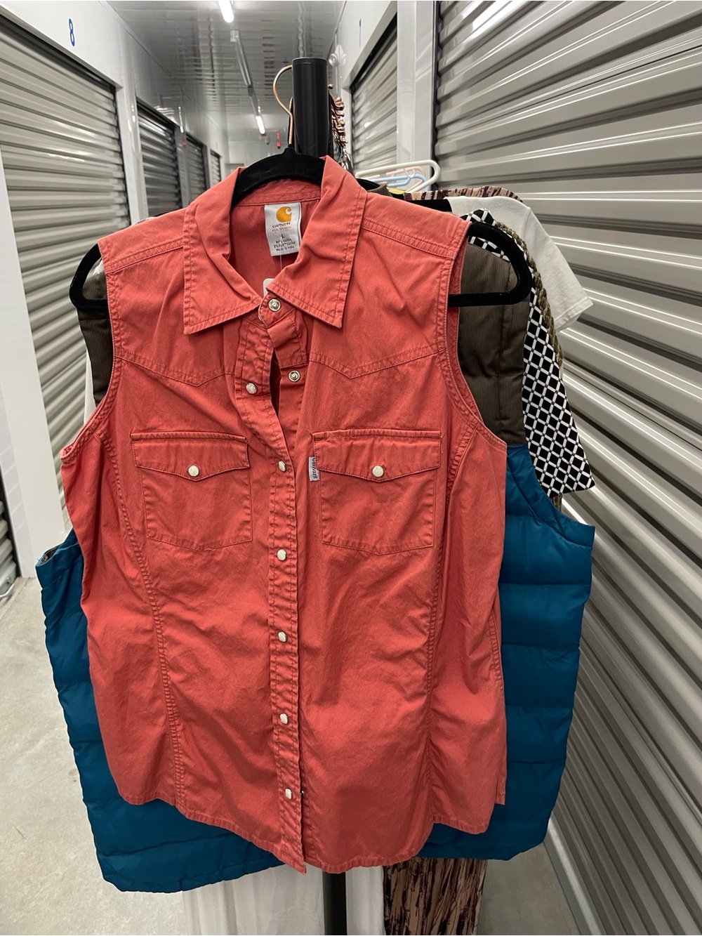 Carhartt Coral-Red Sleeveless Button-Up Work Shirt